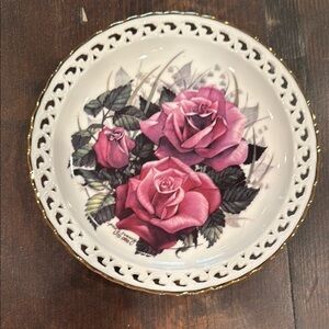 Decorative Plate with Pink Roses and Gold Trim “blue moon” Paul sweany limited